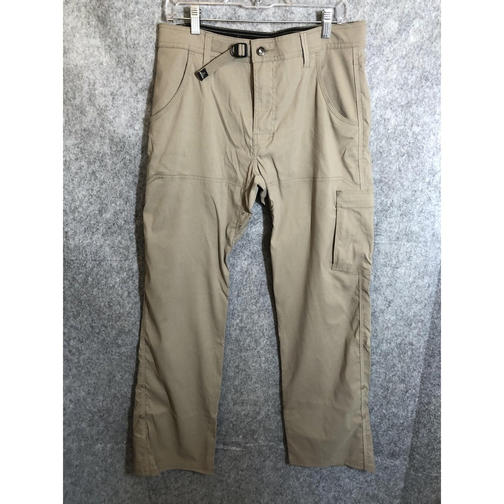 prAna Pants 32 Khaki Stretch Nylon Zion Cargo Outdoor Hiking Snap Hem Belted